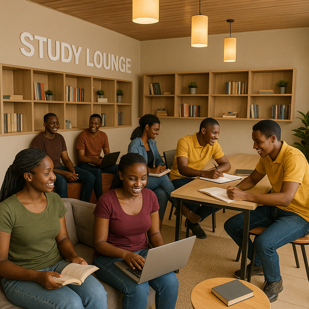 Students studying in a quiet library environment